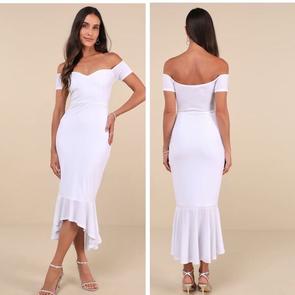 lulus Dresses & Skirts - Lulus How Much I Care White Velvet Off-the-Shoulder Midi Dress Size XL Bridal